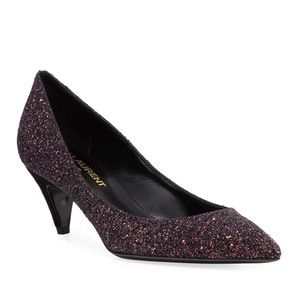 SAINT LAURENT Charlotte Glitter Shadow Heels Pumps Bordeaux 38.5 NEW IN BOX